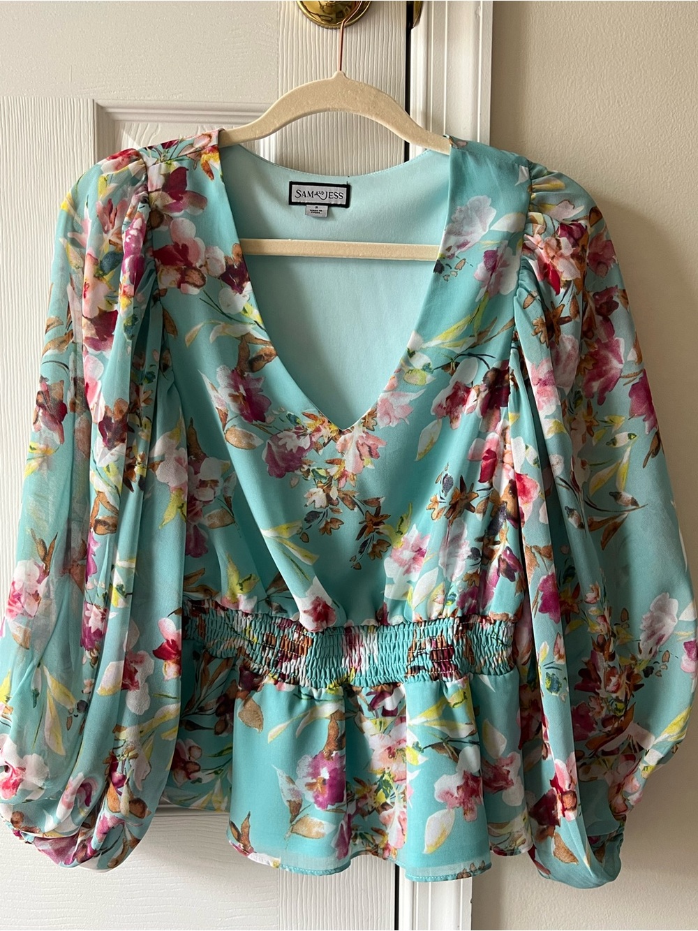 Teal Floral Smocked-Waist V-Neck Blouse
